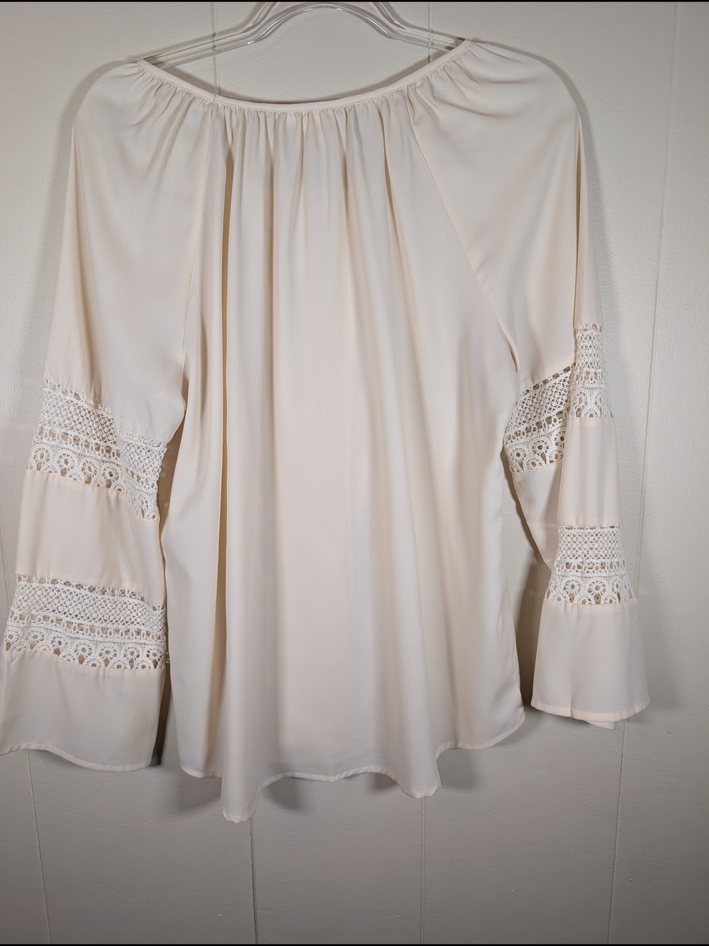 Adiva Ivory Lace Trim Boho Peasant Blouse Women’s Large Bell Sleeve Cream Top - Picture 12 of 13